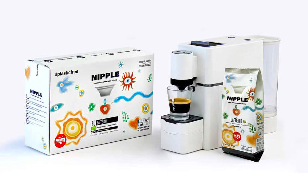 Pachet Alb – Espressor compatibil capsule NIPPLE + Cafea Premium Bio, cafea Bio Genesi în capsulă Nipple (60 buc)