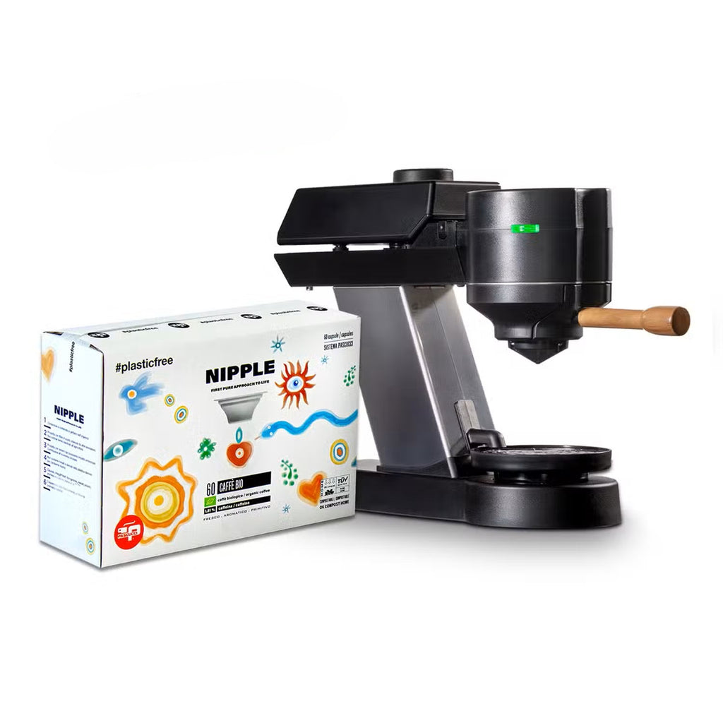 Pachetul Gri – ESPRESSOR MODEL K7 OTEL COMPATIBIL CAPSULE NIPPLE + CAFEA BIO GENESI ÎN CAPSULĂ NIPPLE (60 BUC)